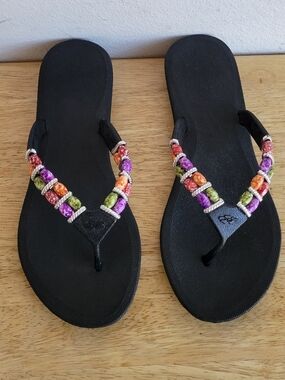 Black Pali Women's Beaded Flip Flop Sandals with Multicolor Accents Size 8